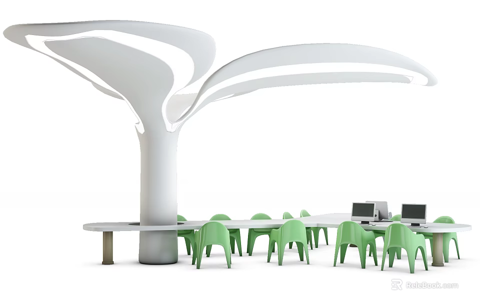 Long Office Desk With Green Chairs Laptops And White Tree Shaped Structure 3d model
