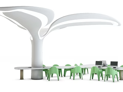 Long Office Desk With Green Chairs Laptops And White Tree Shaped Structure 3d model