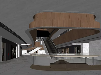 Modern Mall Lobby Interior With Wooden Curved Structure And Escalator Glass Railing 3d model