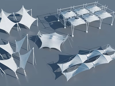 Various Modern Tensile Membrane Structures With Geometric Shapes And Metal Frames 3d model