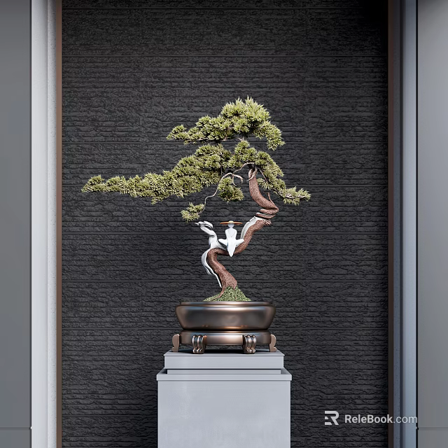 Elegant Bonsai Plant Curved Trunk Lush Leaves Bronze Pot On White Pedestal Dark Brick Wall 3d model 