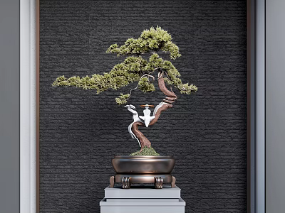 Elegant Bonsai Plant Curved Trunk Lush Leaves Bronze Pot On White Pedestal Dark Brick Wall 3d model