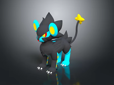 Fictional Creature Character With Black Body Blue Ears Red Eyes And Yellow Star Tail 3d model