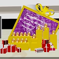Colorful Gift Display With Golden Eggs Red Boxes And Purple Background