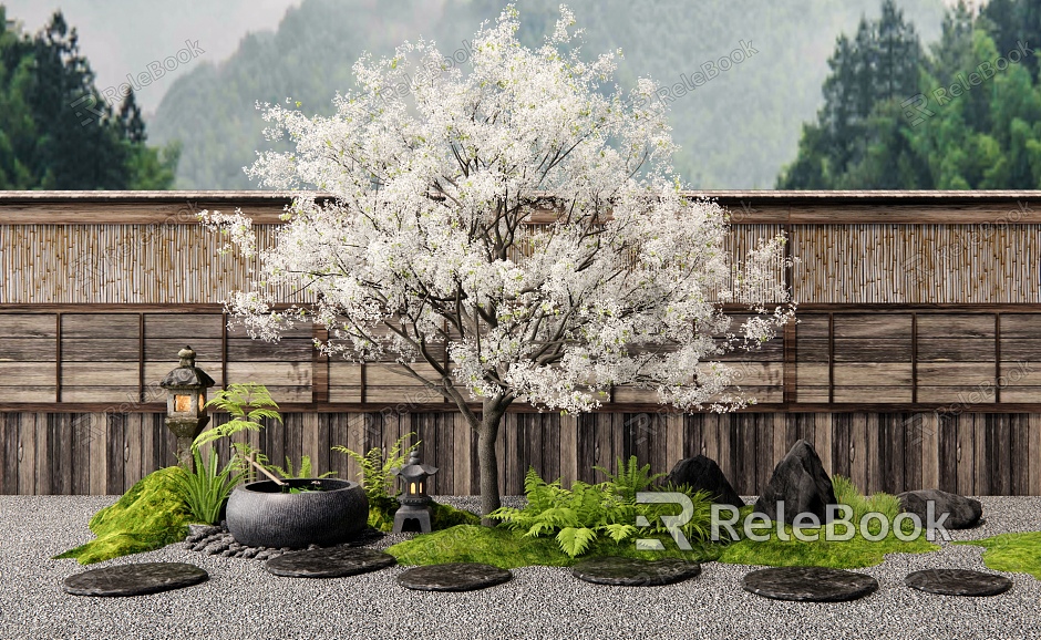 Japanese Landscape Tree Cherry Blossom Tree Pear Blossom Tree Courtyard Landscape Sits Misty Pot Ting Step Plant Landscaping Stone Wall model