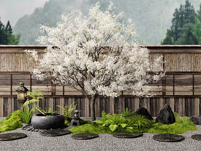 Flowering Tree with White Blossoms in Garden with Wooden Fence Stones and Green Plants 3d model
