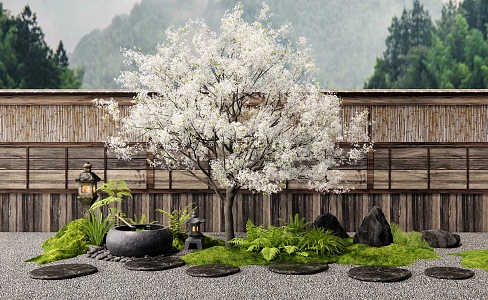 Japanese Landscape Tree Cherry Blossom Tree Pear Blossom Tree Courtyard Landscape Sits Misty Pot Ting Step Plant Landscaping Stone Wall 3d model