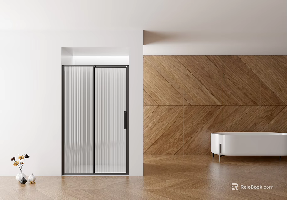 Modern Bathroom With Glass Shower Herringbone Wood Wall And Freestanding Tub 3d model 
