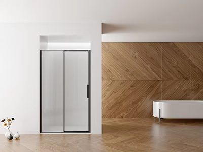 Modern Bathroom With Glass Shower Herringbone Wood Wall And Freestanding Tub 3d model