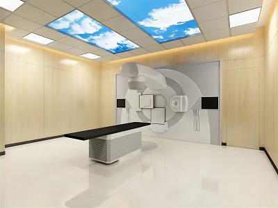 Medical Examination Room With CT Scanner Table Light Wooden Walls And Sky Ceiling 3d model