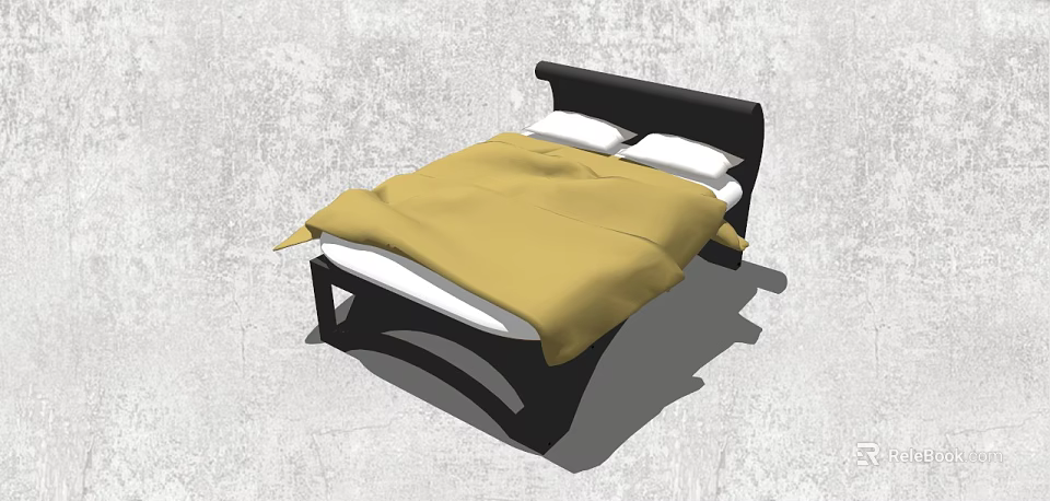 Modern Double Bed with Black Headboard Yellow Comforter and White Pillows 3d model