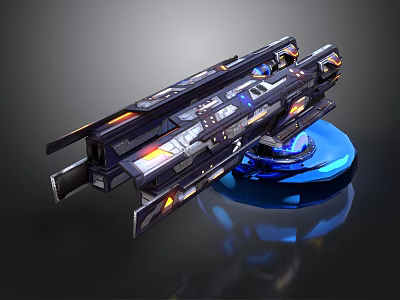 Futuristic Sci Fi Weapon With Advanced Metallic Design Blue Orange Lights On Blue Glowing Base 3d model