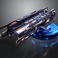 Futuristic Sci Fi Weapon With Advanced Metallic Design Blue Orange Lights On Blue Glowing Base