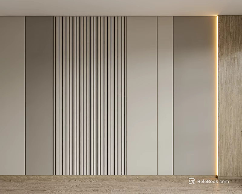 Modern Bed Backdrop Wall Interior With Vertical Striped Panels And Warm Side Lighting 3d model 