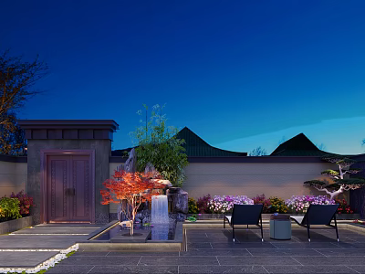 Traditional Garden Landscape With Entrance Gate Red Maple Tree Water Feature And Outdoor Seats 3d model