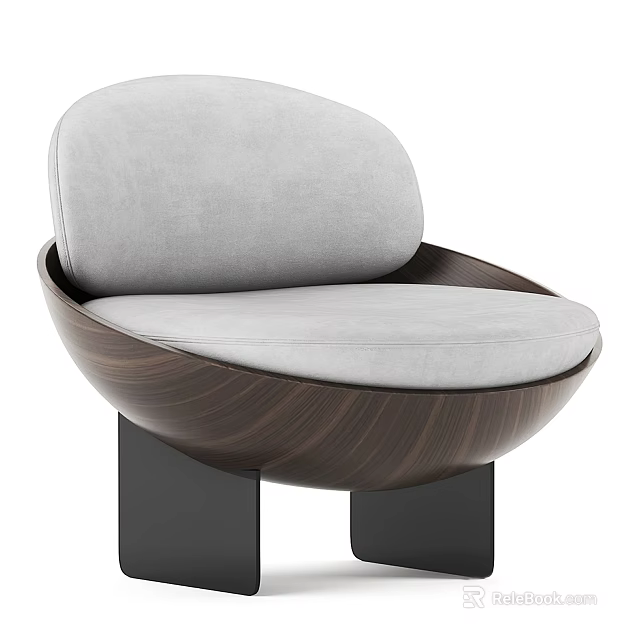 Modern Single Sofa With Gray Cushion Curved Wooden Frame And Black Metal Legs Design 3d model 