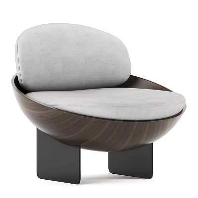 Modern Single Sofa With Gray Cushion Curved Wooden Frame And Black Metal Legs Design 3d model