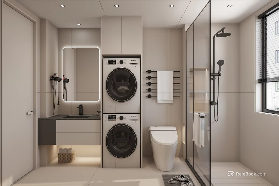 Modern Bathroom Interior With Stacked Washer Dryer Toilet Shower Vanity Mirror And Towel Rack 3d model 