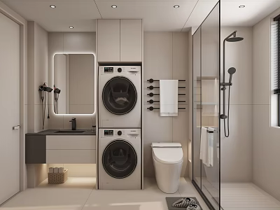 Modern Bathroom Interior With Stacked Washer Dryer Toilet Shower Vanity Mirror And Towel Rack 3d model