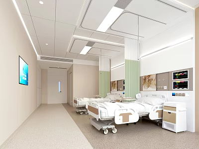 Hospital Inpatient Ward Interior With Beds And Medical Devices 3d model