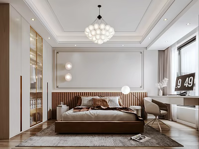 Modern Bedroom Interior Design With Wooden Bed Spherical Chandelier Accent Wall Desk and Area Rug 3d model