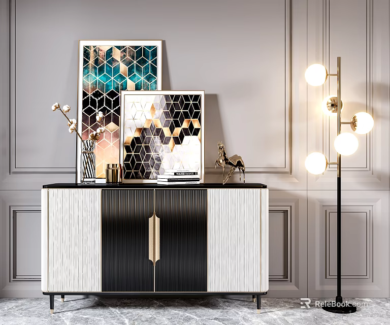Elegant Modern Entryway Interior With Console Cabinet Black White Design Framed Art And Floor Lamp 3d model 