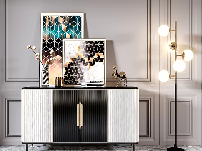 Elegant Modern Entryway Interior With Console Cabinet Black White Design Framed Art And Floor Lamp 3d model
