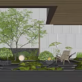 Modern Courtyard Garden With Green Tree Fire Pit Wicker Chair Stone Path And Lush Plants