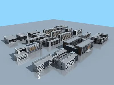 Modern School Building Models Arranged On Gray Surface With Light Blue Background 3d model