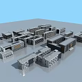 Modern School Building Models Arranged On Gray Surface With Light Blue Background 3d model