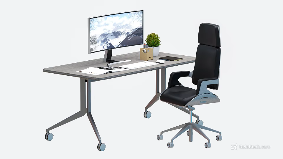 Modern Desk Setup With Computer Monitor Mouse Pad Potted Plant Papers And Black Office Chair 3d model 