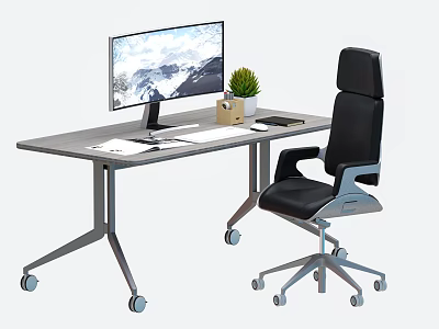 Modern Desk Setup With Computer Monitor Mouse Pad Potted Plant Papers And Black Office Chair 3d model