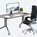 Modern Desk Setup With Computer Monitor Mouse Pad Potted Plant Papers And Black Office Chair