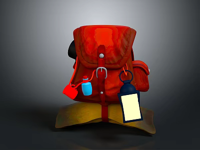 Stylish Red Backpack With Decorative Pendants Small Items And Lantern Tag Design 3d model