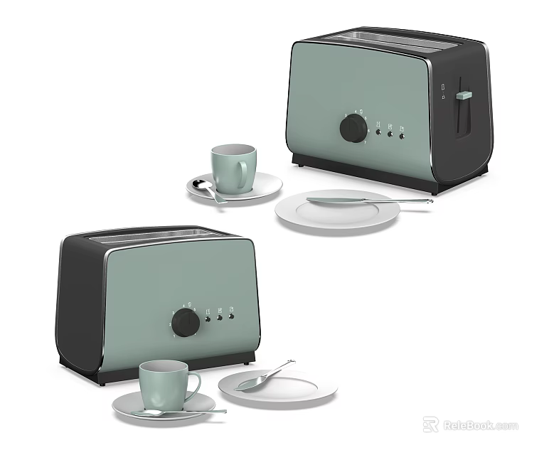 Stylish Mint Green And Black Kitchen Toasters With Matching Cup And Plate Set 3d model 