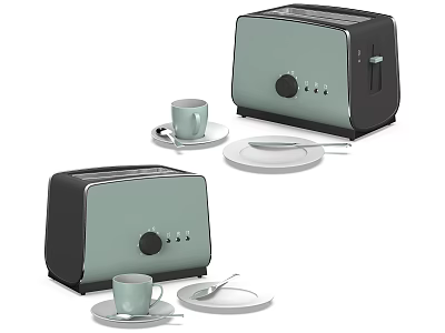 Stylish Mint Green And Black Kitchen Toasters With Matching Cup And Plate Set 3d model