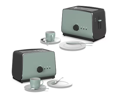 Stylish Mint Green And Black Kitchen Toasters With Matching Cup And Plate Set 3d model
