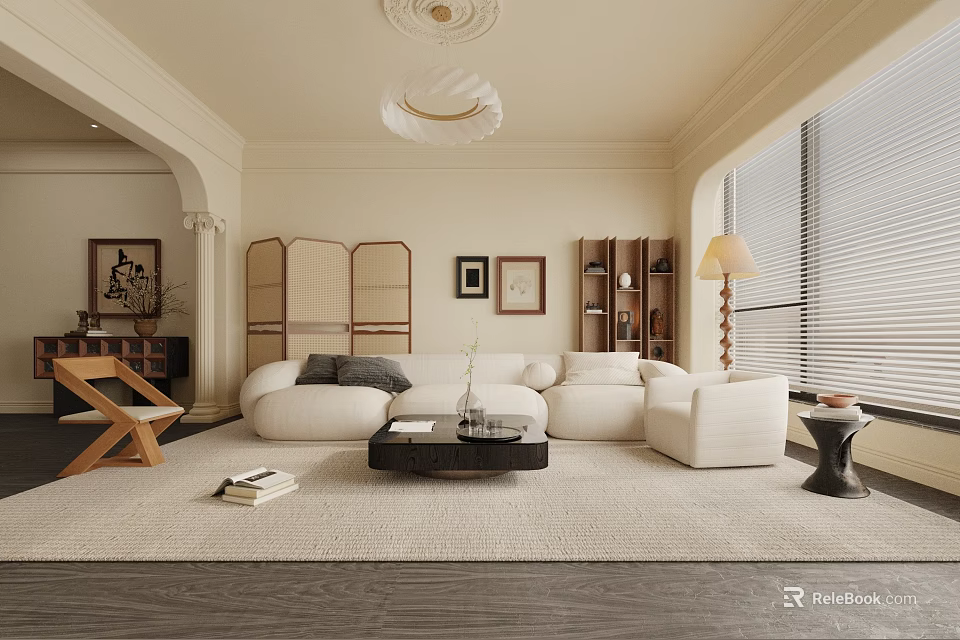 Modern Living Room Interior With White Sofa Rug Coffee Table Floor Lamp Bookshelf And Wall Art 3d model 