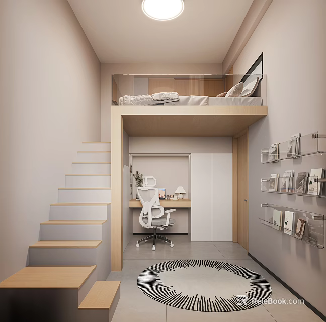 Modern Kids Room With Loft Bed Staircase Desk Chair Book Shelves And Rug 3d model 