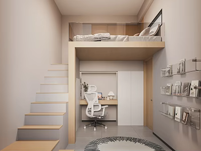 Modern Kids Room With Loft Bed Staircase Desk Chair Book Shelves And Rug 3d model
