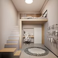 Modern Kids Room With Loft Bed Staircase Desk Chair Book Shelves And Rug