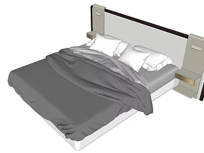 Modern Double Bed Interior With Gray Duvet And White Pillows 3d model