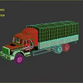 Red Truck With Green Tarp Covered Cargo Bed And Reflective Exterior