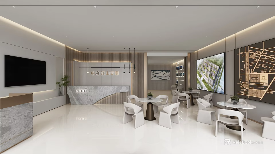 Modern Sales Office Interior With Reception Desk White Seating Display Screens And Green Plants 3d model 
