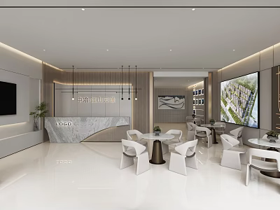 Modern Sales Office Interior With Reception Desk White Seating Display Screens And Green Plants 3d model