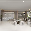 Modern Sales Office Interior With Reception Desk White Seating Display Screens And Green Plants