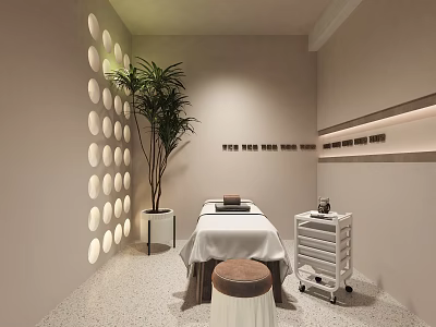 Tranquil SPA Sauna Interior With Massage Table White Sheet Circular Lights And Green Plant 3d model
