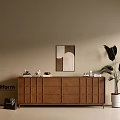 Modern Brown Entryway Cabinet Sideboard With Decorative Items Wall Art And Potted Plant