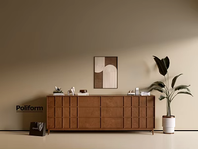 Modern Brown Entryway Cabinet Sideboard With Decorative Items Wall Art And Potted Plant 3d model