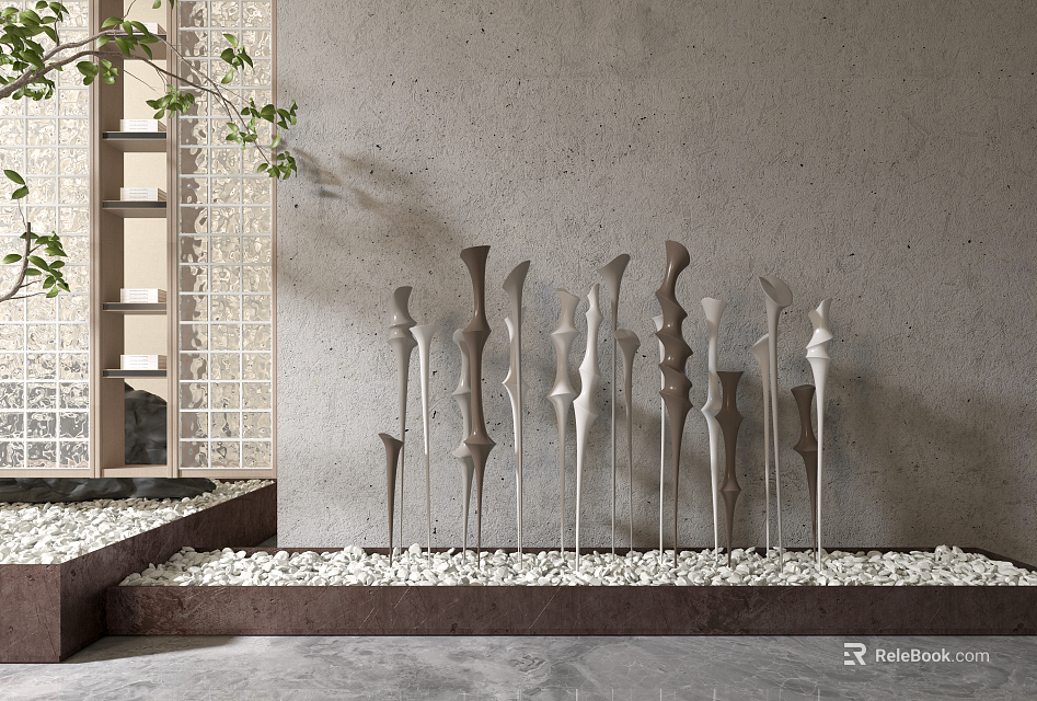 Abstract Sculptures Arranged On Stone Pebble Base With Gray Wall Background And Green Plant 3d model 